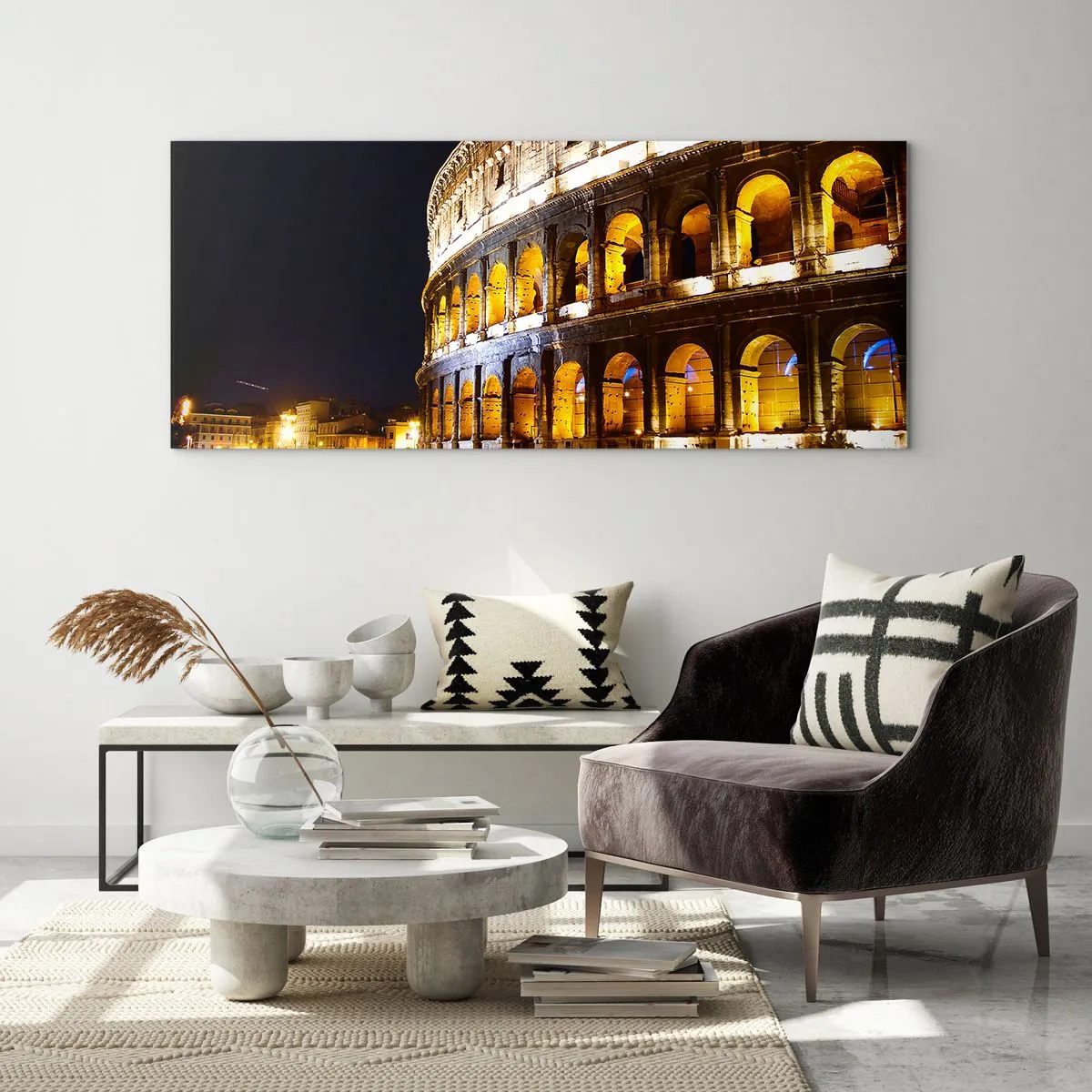 Impression sur verre - Image sur verre - Le Colisée illuminé par les lumières la nuit à Rome - 140x50cm - Il est temps de commencer les Jeux - Décoration murale moderne pour le salon et la chambre ARTTOR
