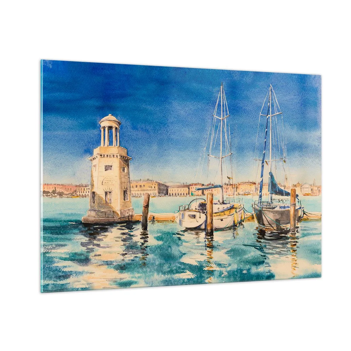 Impression sur verre - Image sur verre - Marina à l'aquarelle avec un phare et des yachts amarrés - 100x70cm - Lagune ensoleillée - Décoration murale moderne pour le salon et la chambre ARTTOR