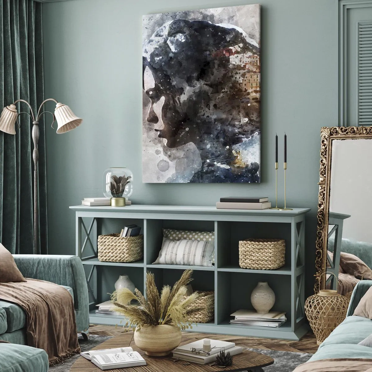 Impression sur toile - Image sur toile - L'histoire d'une fille avec une ville en arrière-plan - 55x100 cm