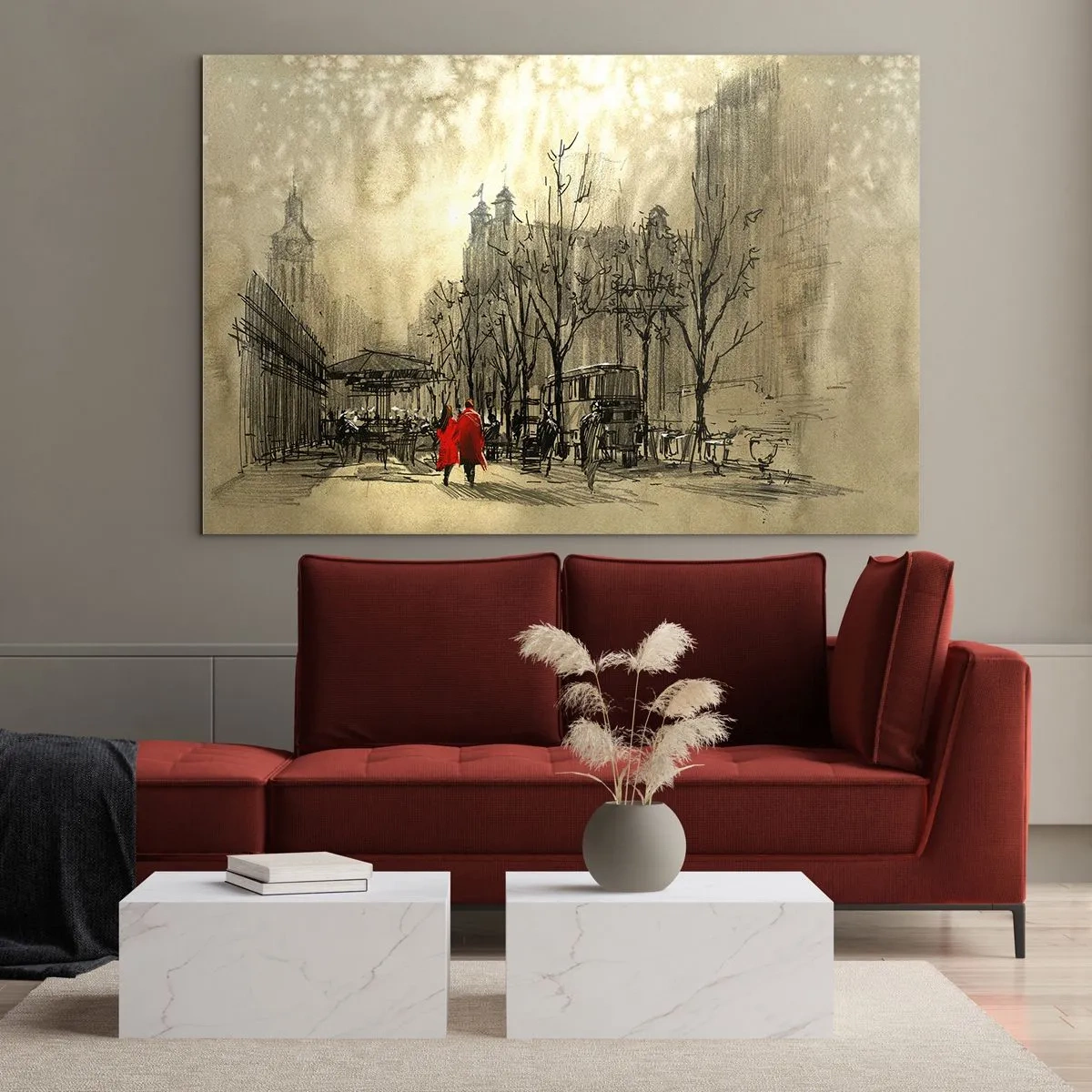 Impression sur verre - Image sur verre - Un rendez-vous dans le brouillard londonien avec un accent de manteau rouge - 100x70cm - Rendez-vous dans le brouillard de Londres - Décoration murale moderne pour le salon et la chambre ARTTOR