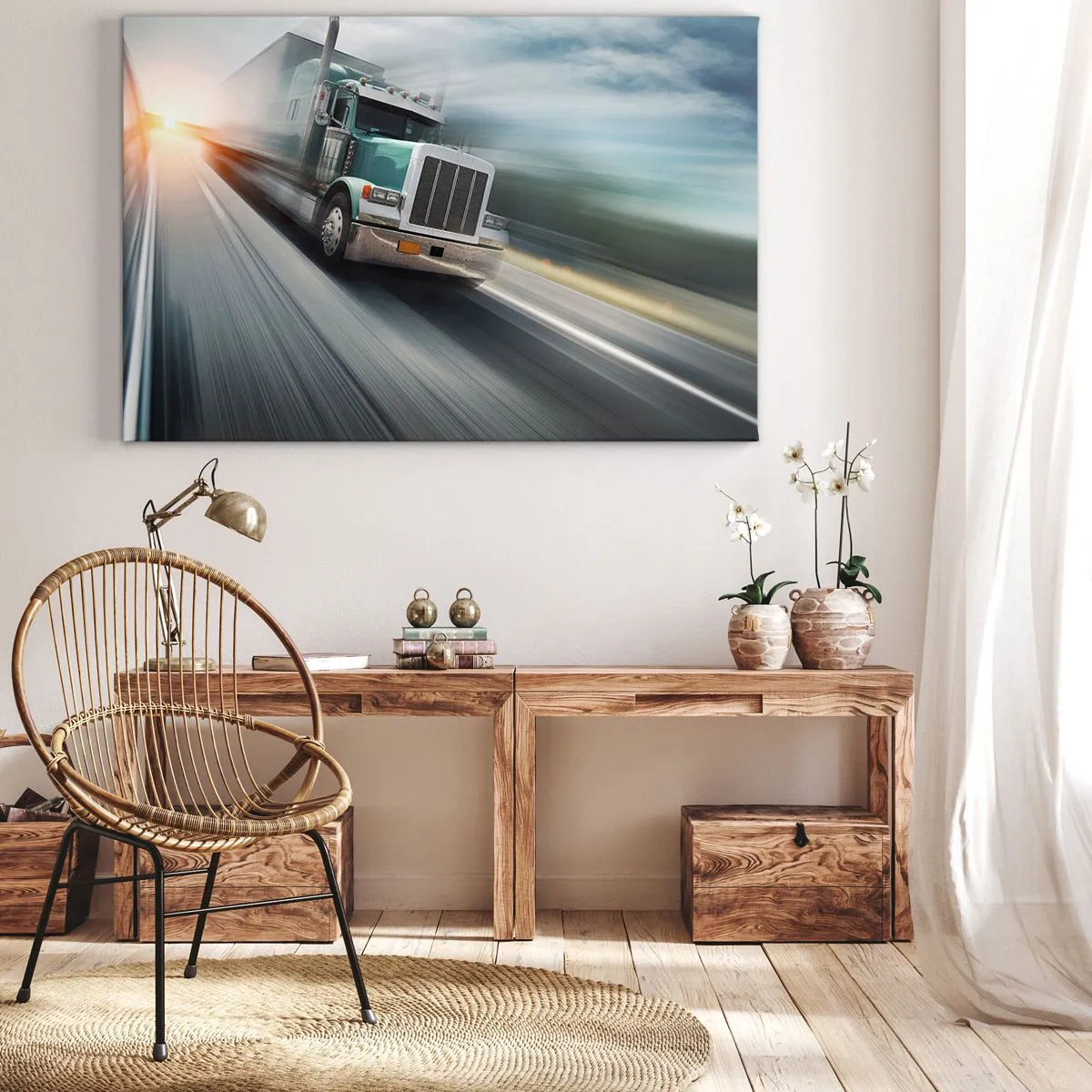 Impression sur toile - Image sur toile - Un camion sur l'autoroute en mouvement au coucher du soleil - 70x50cm - Le géant américain est en fuite - Décoration murale moderne pour le salon et la chambre ARTTOR