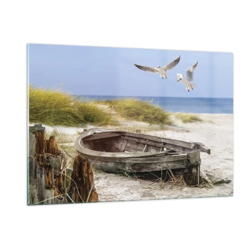 Impression sur verre - Image sur verre - Bateau en bois sur la plage avec des mouettes en vol - 120x80cm - Bain de vent - Décoration murale moderne pour le salon et la chambre ARTTOR