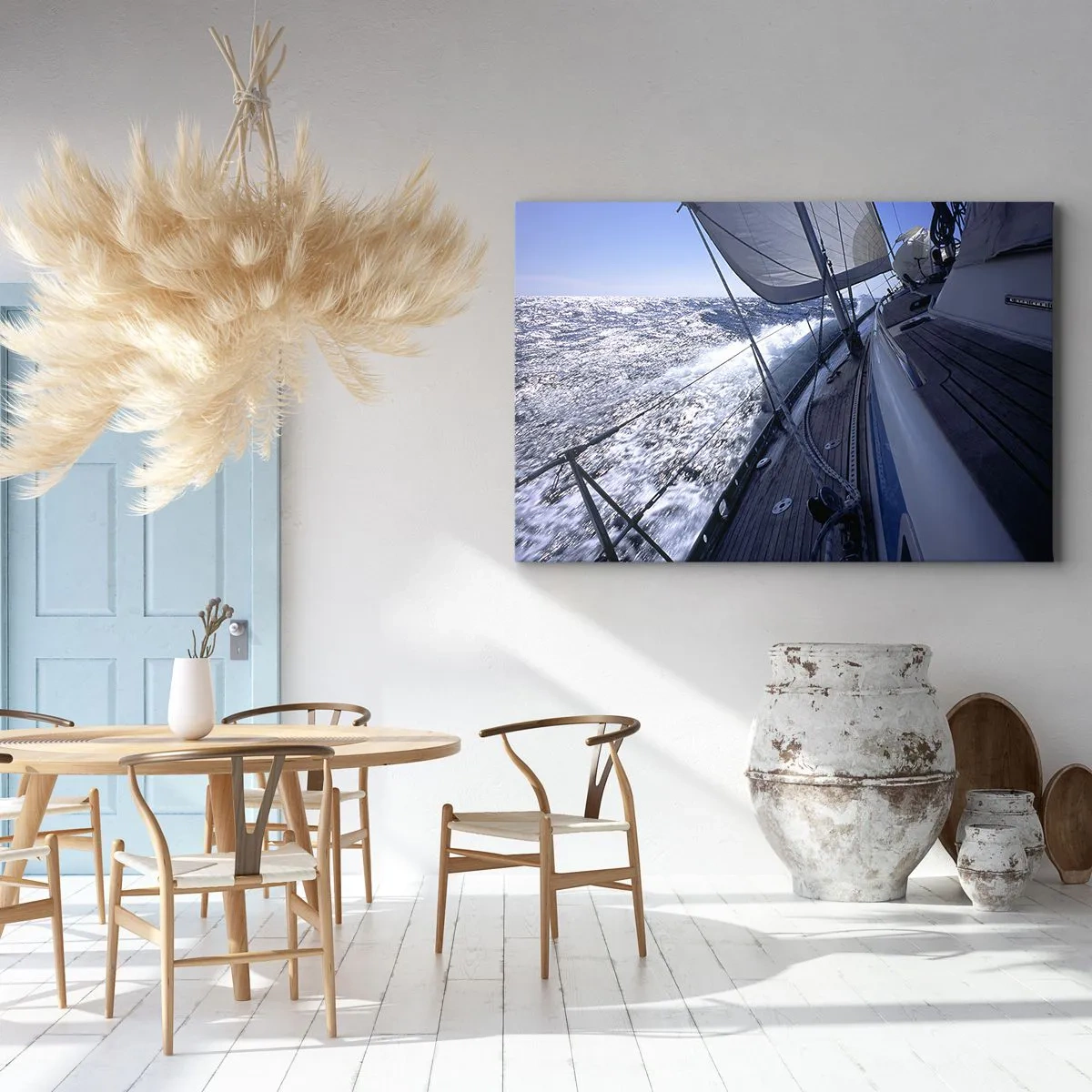 Impression sur toile - Image sur toile - Un voilier dans une mer agitée avec des voiles blanches et un pont en bois. - 70x50cm - Je sais ce que c'est d'être un oiseau - Décoration murale moderne pour le salon et la chambre ARTTOR
