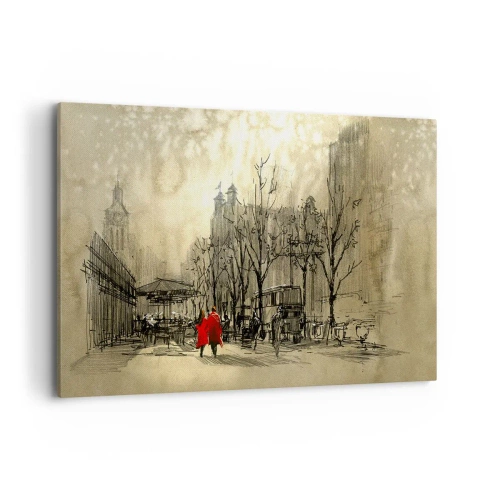 Impression sur toile - Image sur toile - Une figure rouge dans un décor urbain nostalgique - 120x80cm - Rendez-vous dans le brouillard de Londres - Décoration murale moderne pour le salon et la chambre ARTTOR
