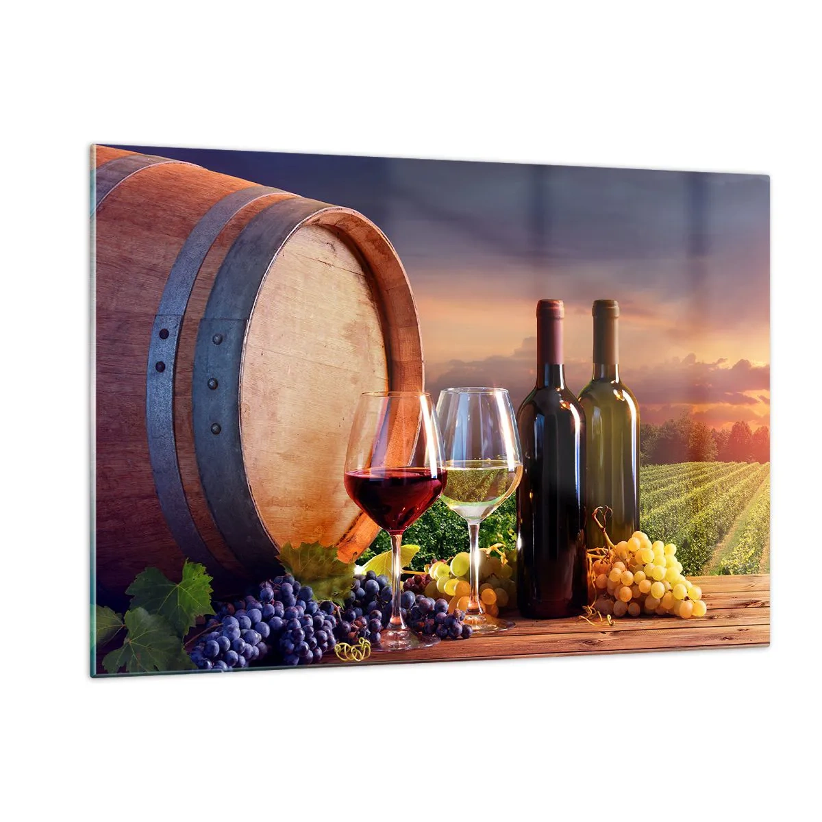 Impression sur verre - Image sur verre - Des vignes, un tonneau et des verres sur fond de soleil couchant - 120x80cm - Ici la vie a du goût - Décoration murale moderne pour le salon et la chambre ARTTOR