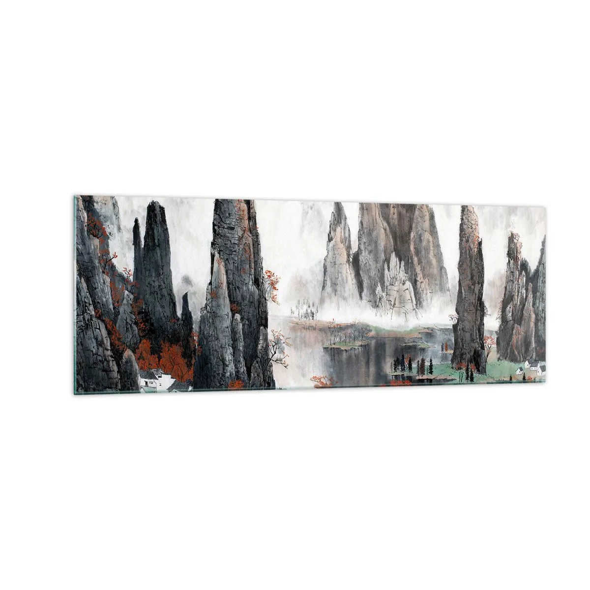 Impression sur verre - Image sur verre - Rochers et arbres pittoresques dans le paysage brumeux de la Chine - 140x50cm - De puissants gardiens - Décoration murale moderne pour le salon et la chambre ARTTOR