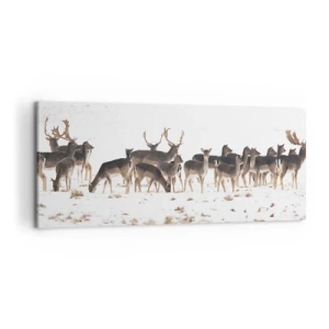 Impression sur toile - Image sur toile - Un troupeau de cerfs sur fond de neige - 120x50cm - Les fêtes approchent ? - Décoration murale moderne pour le salon et la chambre ARTTOR