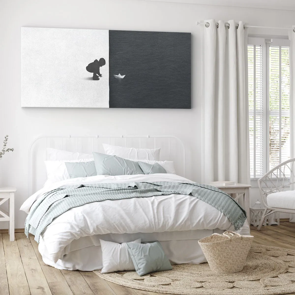 Impression sur toile - Image sur toile - Une figure d'enfant avec un bateau en papier sur un fond de moitiés contrastées - 160x50cm - Grande expédition - Décoration murale moderne pour le salon et la chambre ARTTOR