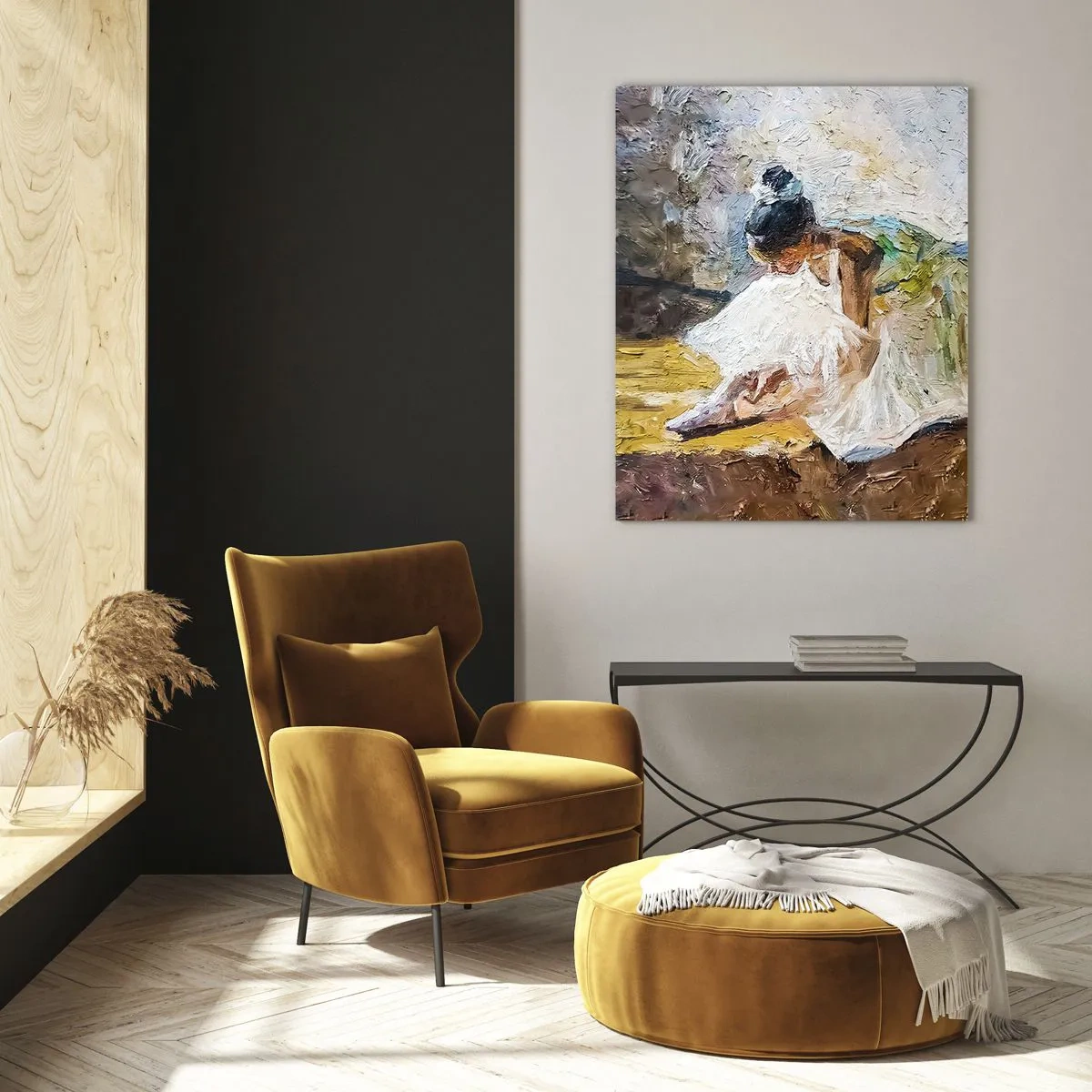 Impression sur verre - Image sur verre - Une ballerine penchée en avant dans une robe blanche peinte avec une texture à l'huile - 50x70cm - D'après un tableau de Degas - Décoration murale moderne pour le salon et la chambre ARTTOR