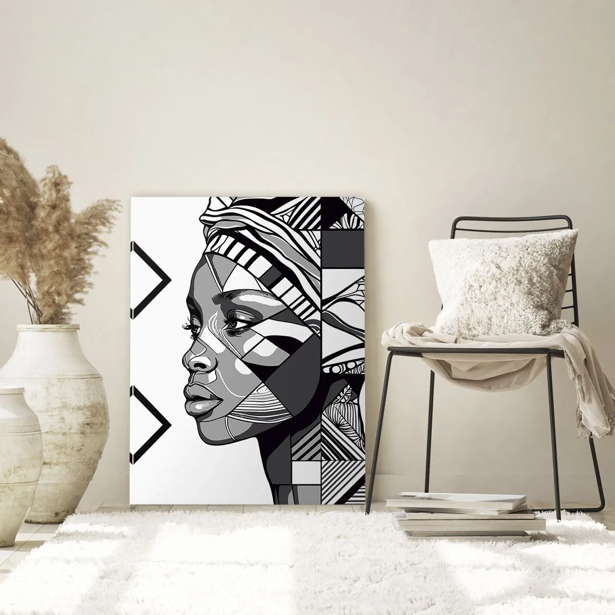 Impression sur verre - Image sur verre - Portrait noir et blanc d'une femme de style ethnique - 80x120cm - Portrait ethnique - Décoration murale moderne pour le salon et la chambre ARTTOR