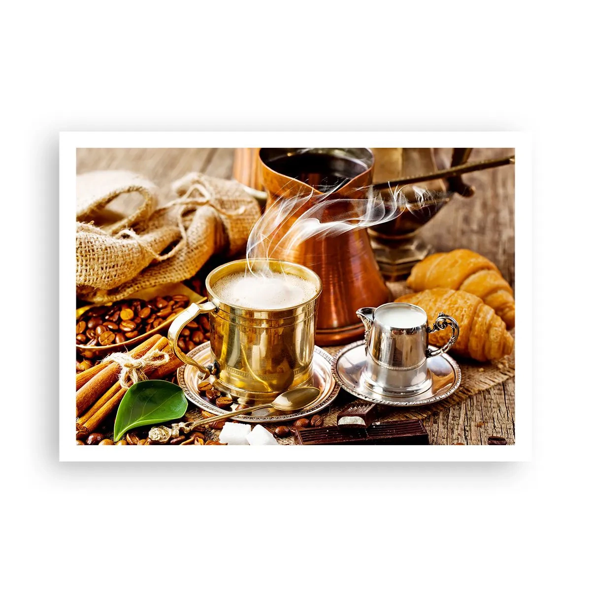 Affiche - Poster - Une tasse de café dorée entourée de grains, de cruches et de croissants - 100x70cm - Bonne journée! - Décoration murale moderne pour le salon et la chambre ARTTOR