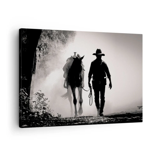 Impression sur toile - Image sur toile - Cowboy avec cheval dans le brouillard matinal - 70x50cm - Matinée texane - Décoration murale moderne pour le salon et la chambre ARTTOR