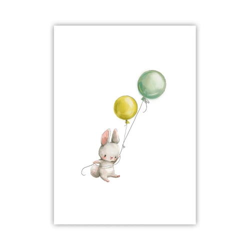 Affiche - Poster - Un lapin tenant deux ballons verts et jaunes. - 50x70cm - Moi aussi je vole! - Décoration murale moderne pour le salon et la chambre ARTTOR