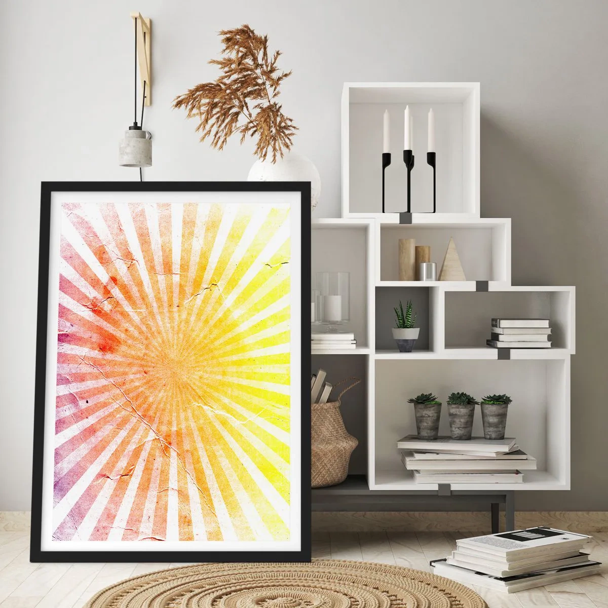Affiche dans un cadre noir - Poster - Motif abstrait de rayons dans les tons jaune et rouge - 50x70cm - Levant et couchant - Décoration murale moderne pour le salon et la chambre ARTTOR