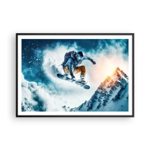 Affiche dans un cadre noir - Poster - Un snowboarder survole des montagnes enneigées - 100x70cm - Des émotions extrêmes - Décoration murale moderne pour le salon et la chambre ARTTOR