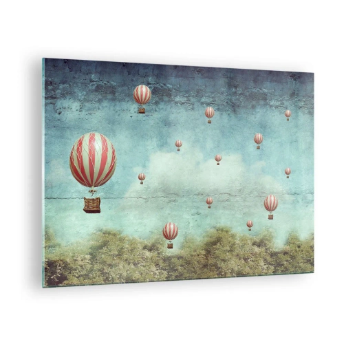 Impression sur verre - Image sur verre - Des ballons flottant au-dessus d'un paysage verdoyant - 70x50cm - Libre de l'agitation de la vie - Décoration murale moderne pour le salon et la chambre ARTTOR