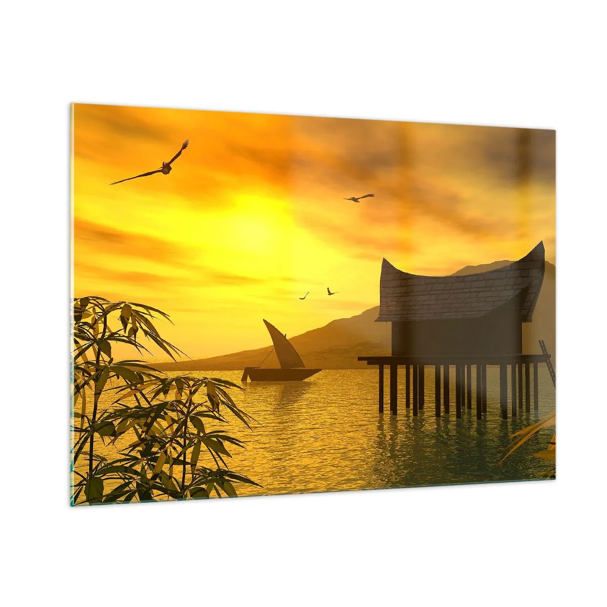 Impression sur verre - Image sur verre - Coucher de soleil sur le lac avec une maison sur pilotis - 100x70cm - La paix tant désirée - Décoration murale moderne pour le salon et la chambre ARTTOR