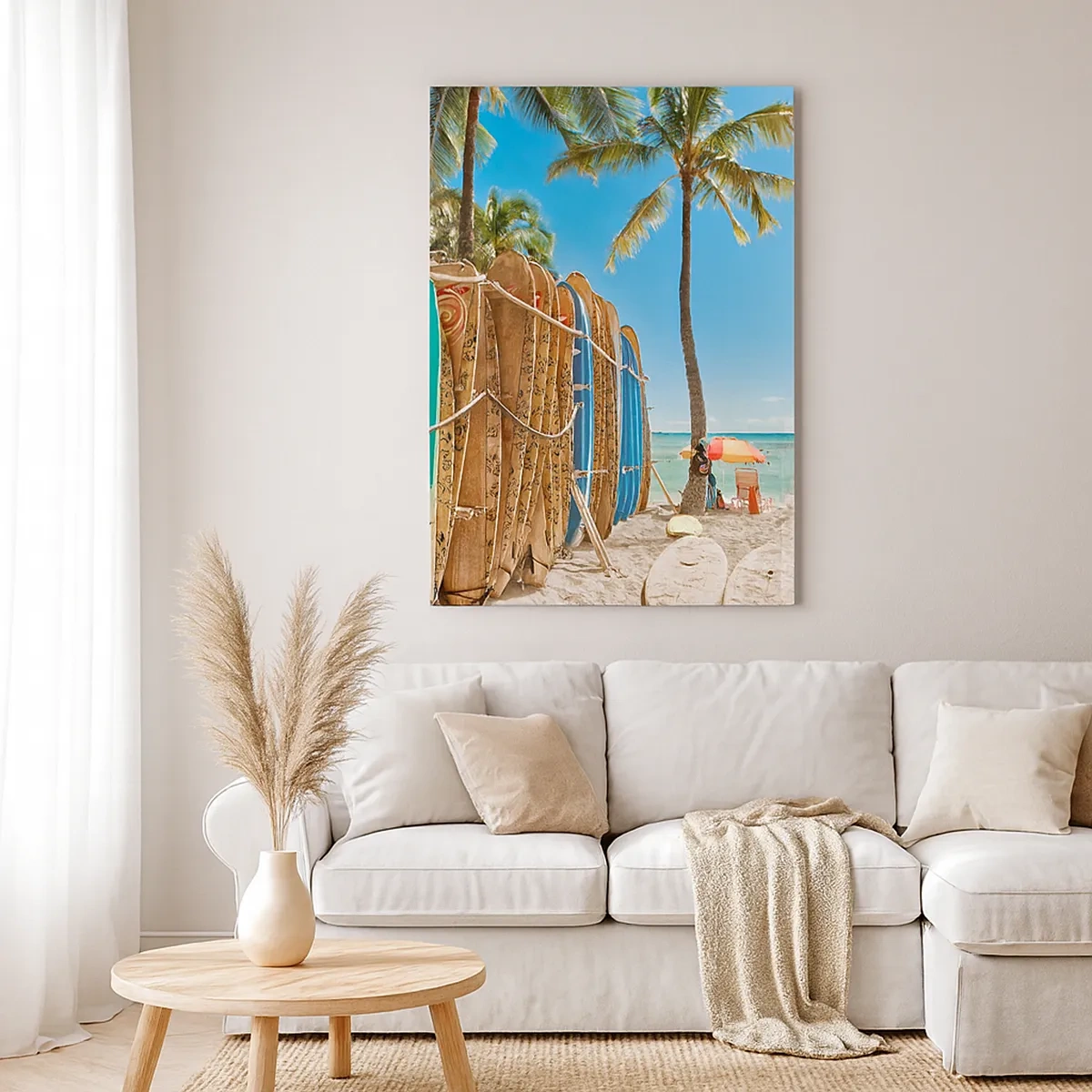 Impression sur toile - Image sur toile - Planches de surf sur une plage avec des palmiers - 50x70cm - Jeux ensoleillés - Décoration murale moderne pour le salon et la chambre ARTTOR