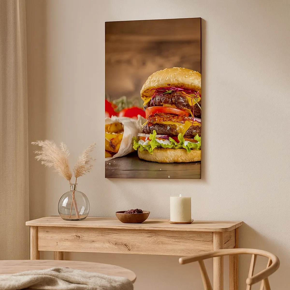Impression sur toile - Image sur toile - Burger appétissant avec extras - 50x70cm - Le fruit défendu - Décoration murale moderne pour le salon et la chambre ARTTOR