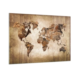 Impression sur verre - Image sur verre - Une carte du monde aux tons bruns imitant le bois - 100x70cm - Découverte du monde - Décoration murale moderne pour le salon et la chambre ARTTOR