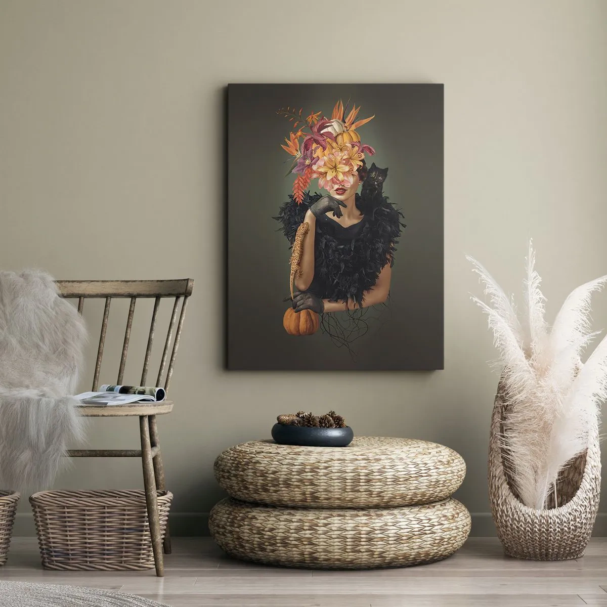 Impression sur toile - Image sur toile - Portrait d'une femme aux motifs d'automne et un chat - 50x70cm - Sort de sorcière - Décoration murale moderne pour le salon et la chambre ARTTOR