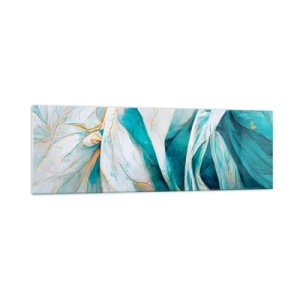 Impression sur verre - Image sur verre - Feuilles bleues abstraites avec des détails dorés - 160x50cm - Abstraction bleue avec un motif doré - Décoration murale moderne pour le salon et la chambre ARTTOR