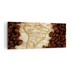 Impression sur toile - Image sur toile - Une carte de l'Amérique du Sud entourée de grains de café. - 120x50cm - D'où vient le meilleur café ? - Décoration murale moderne pour le salon et la chambre ARTTOR