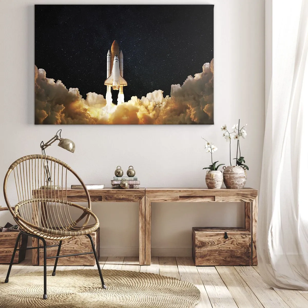 Impression sur toile - Image sur toile - Une fusée spatiale décollant dans le ciel étoilé - 100x70cm - Ad astra! - Décoration murale moderne pour le salon et la chambre ARTTOR