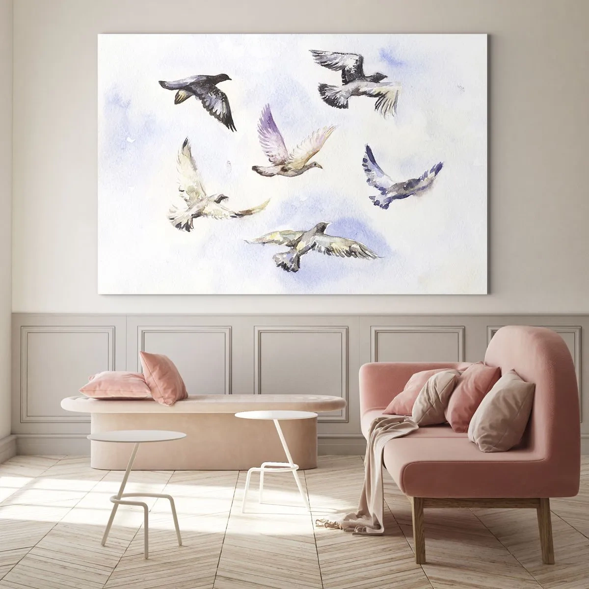 Impression sur verre - Image sur verre - Oiseaux en vol contre un ciel clair - 100x70cm - Liberté en gris et bleu - Décoration murale moderne pour le salon et la chambre ARTTOR