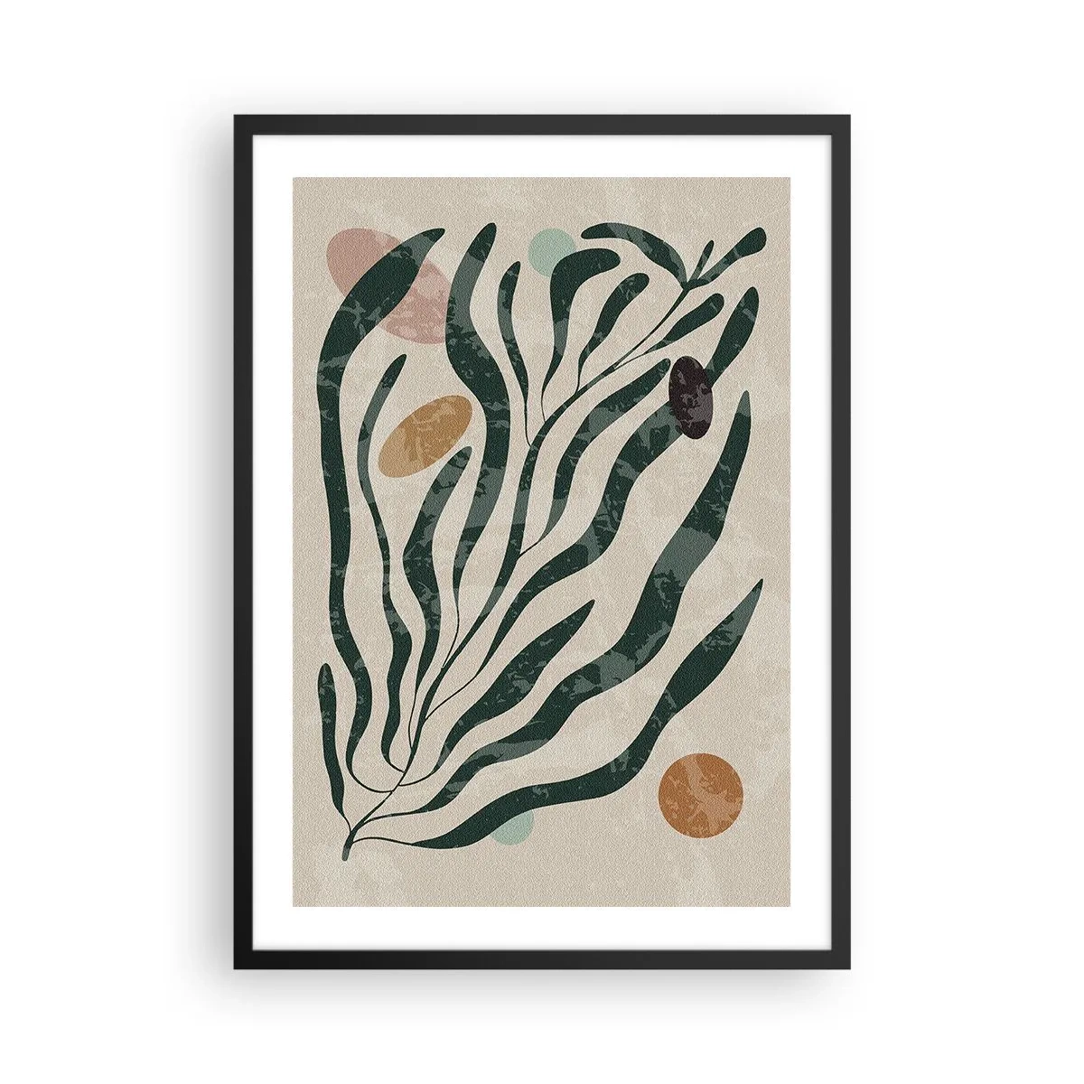 Affiche dans un cadre noir - Poster - Composition végétale abstraite en vert et beige - 50x70cm - Parmi la verdure - Décoration murale moderne pour le salon et la chambre ARTTOR