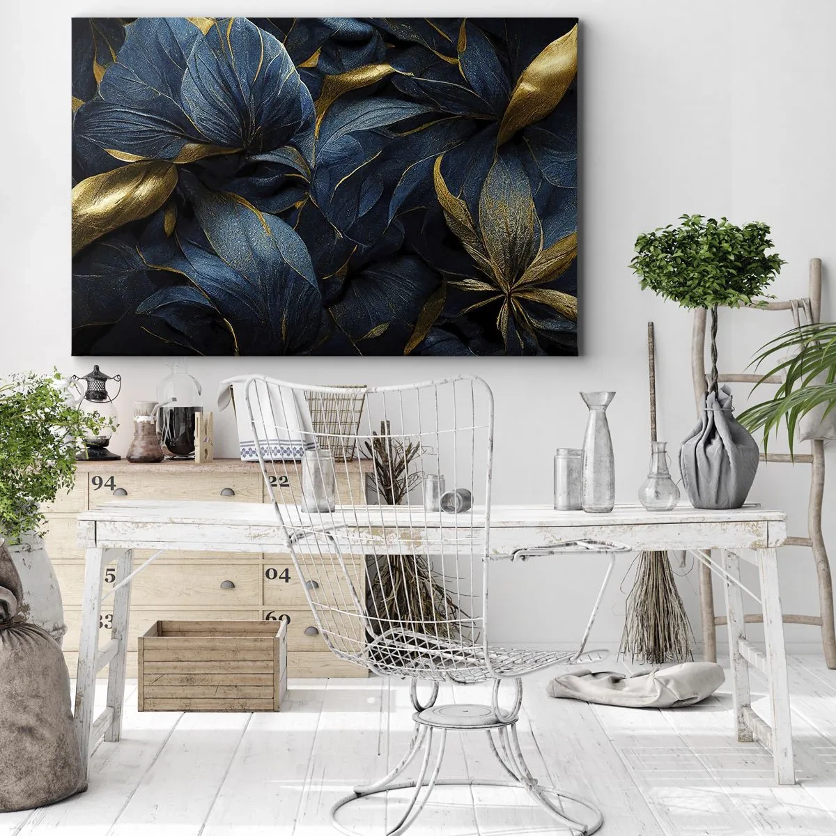 Impression sur toile - Image sur toile - Feuilles élégantes dans des tons dorés et bleu marine - 70x50cm - Des dessous dorés - Décoration murale moderne pour le salon et la chambre ARTTOR
