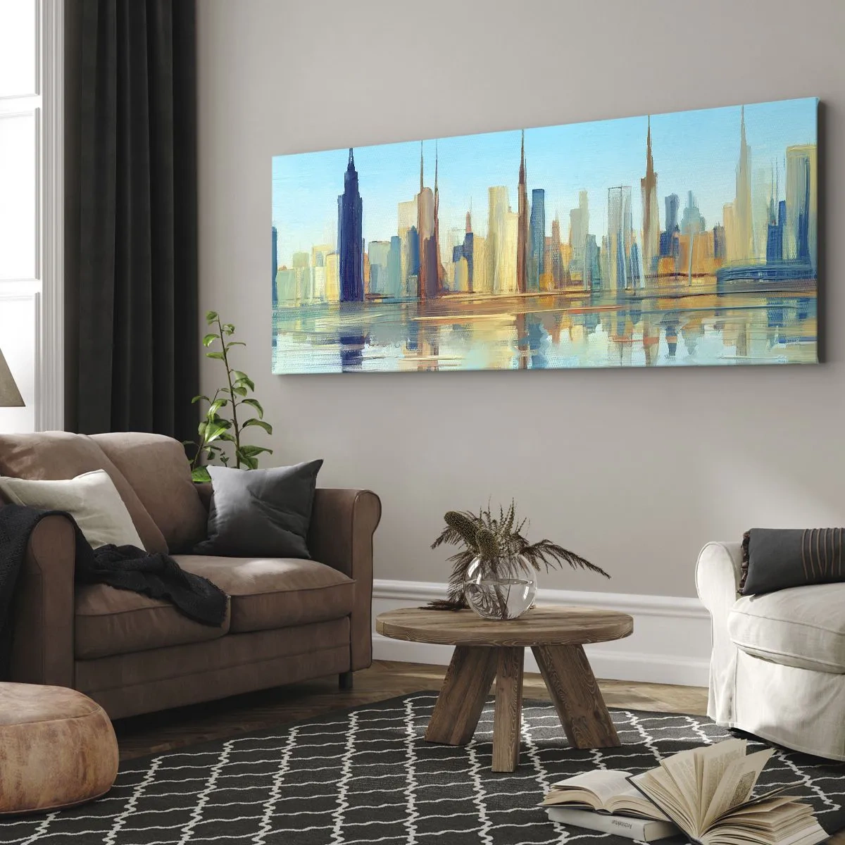 Impression sur toile - Image sur toile - Un panorama de la ville aux couleurs chaudes avec reflet dans l'eau - 120x50cm - Une métropole ensoleillée - Décoration murale moderne pour le salon et la chambre ARTTOR