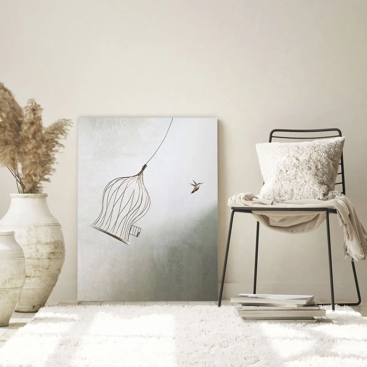 Impression sur verre - Image sur verre - Un oiseau libéré d'une cage sur fond de ciel lumineux - 70x100cm - Dans son élément - Décoration murale moderne pour le salon et la chambre ARTTOR