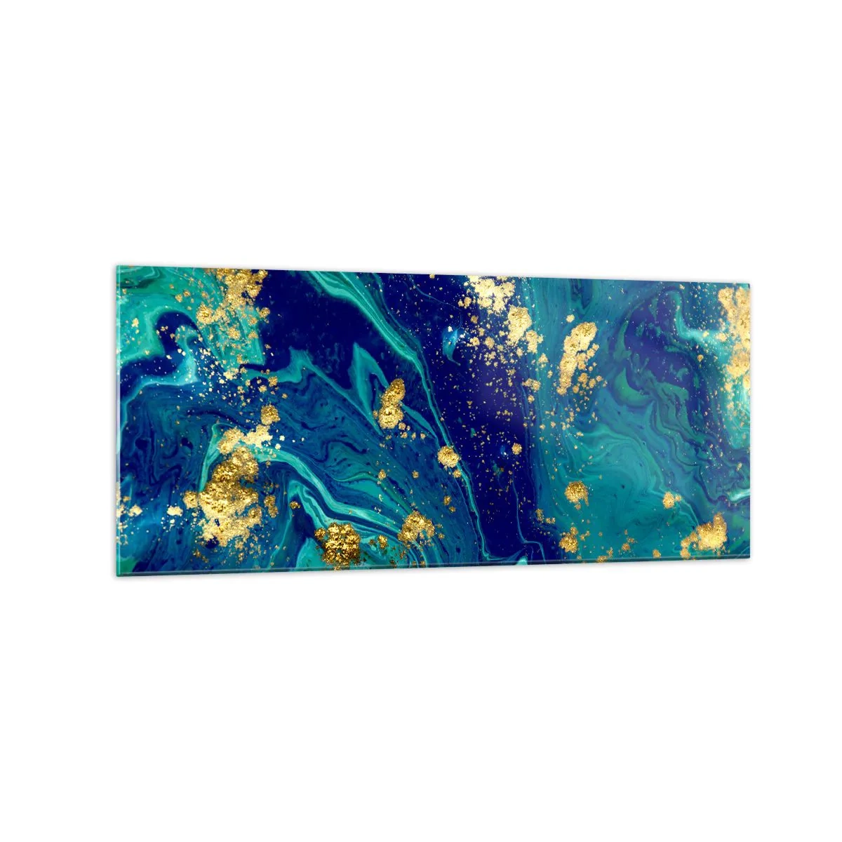 Impression sur verre - Image sur verre - Une composition abstraite avec des accents bleus, verts et dorés. - 120x50cm - Les pétales du soleil - Décoration murale moderne pour le salon et la chambre ARTTOR