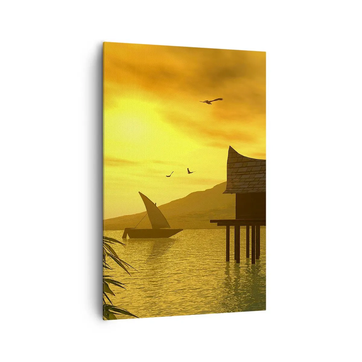 Impression sur toile - Image sur toile - Coucher de soleil tropical sur l'eau avec une maison en bois sur pilotis. - 80x120cm - La paix tant désirée - Décoration murale moderne pour le salon et la chambre ARTTOR