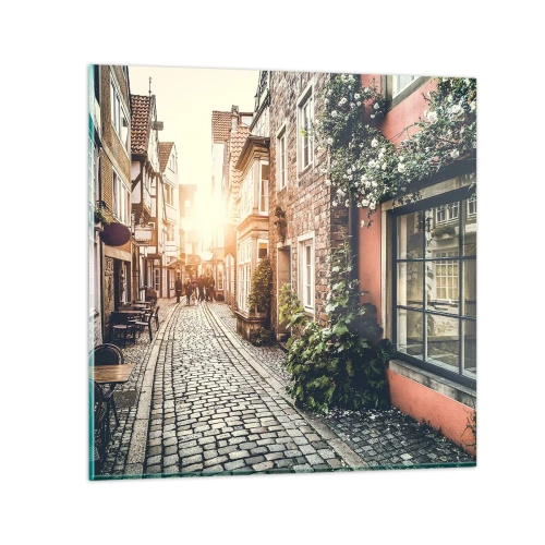 Impression sur verre - Image sur verre - Allée de roses en lueur rose - 70x70 cm