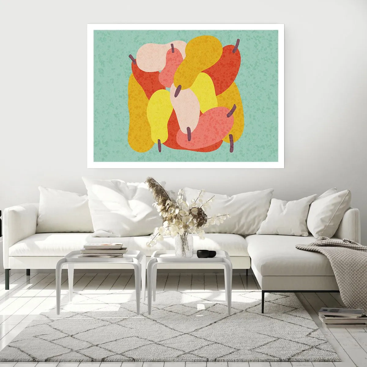 Affiche - Poster - Poires abstraites colorées sur fond vert - 100x70cm - Essayez le soleil d'été - Décoration murale moderne pour le salon et la chambre ARTTOR