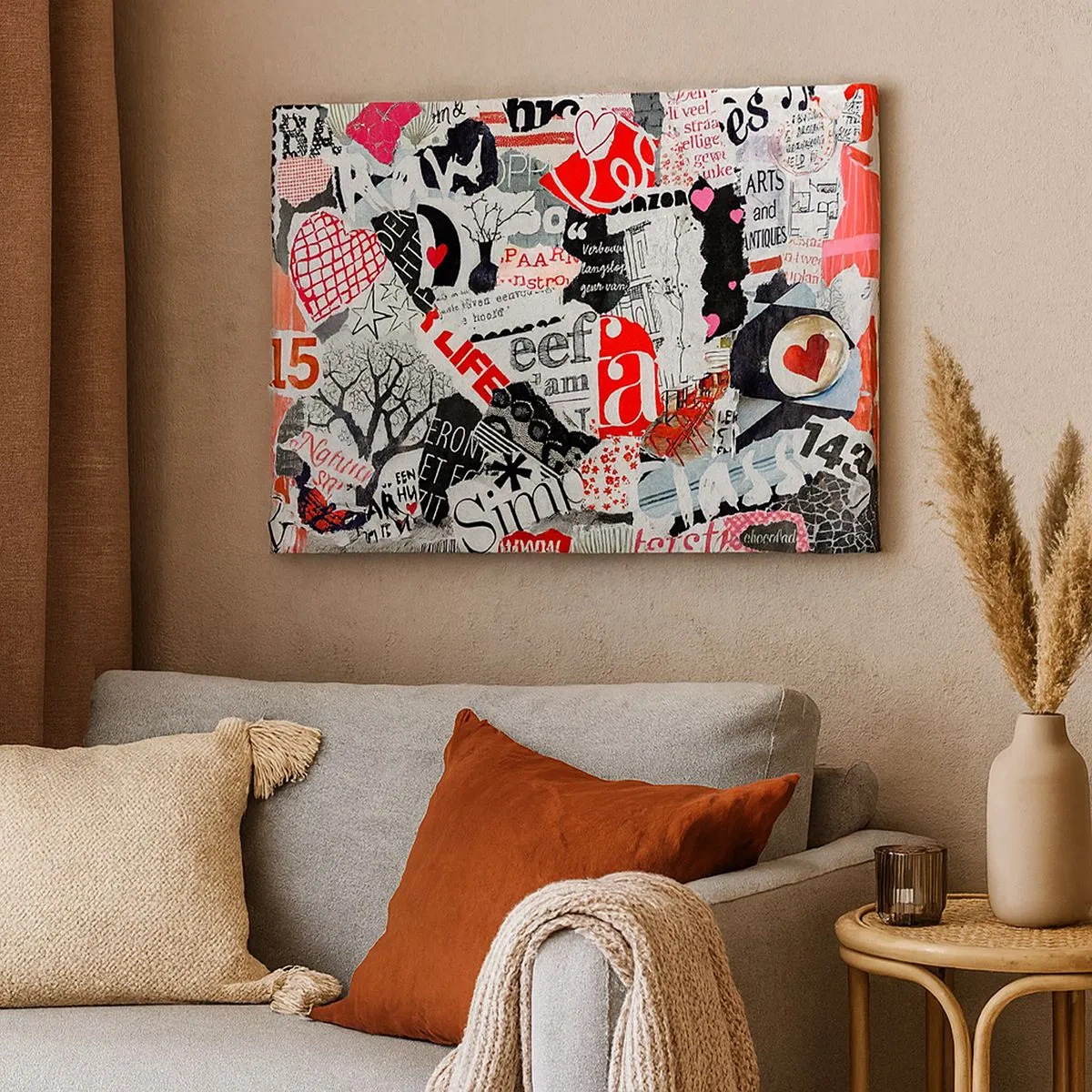 Impression sur toile - Image sur toile - Un collage coloré avec des inscriptions, des cœurs et des graphiques. - 70x50cm - Collage hipster - Décoration murale moderne pour le salon et la chambre ARTTOR