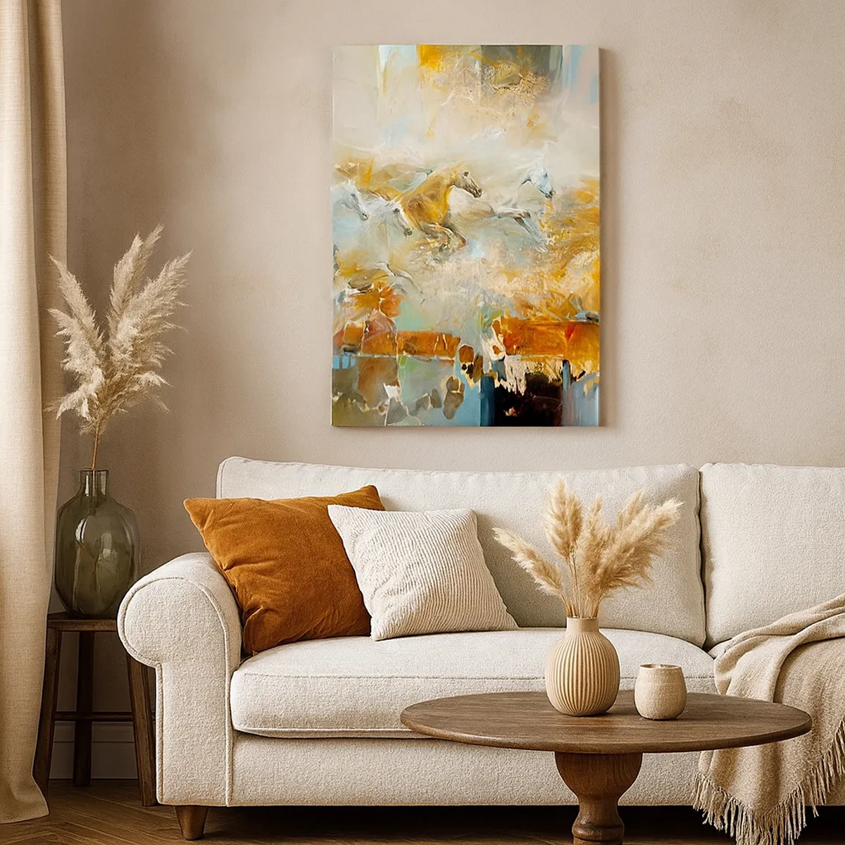 Impression sur toile - Image sur toile - Des chevaux artistiques dans un cadre dynamique et coloré - 50x70cm - Au galop vers la lumière - Décoration murale moderne pour le salon et la chambre ARTTOR