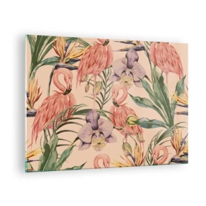Impression sur verre - Image sur verre - Flamants roses entourés de fleurs et de plantes tropicales - 70x50cm - Ballet rose dans les fleurs - Décoration murale moderne pour le salon et la chambre ARTTOR