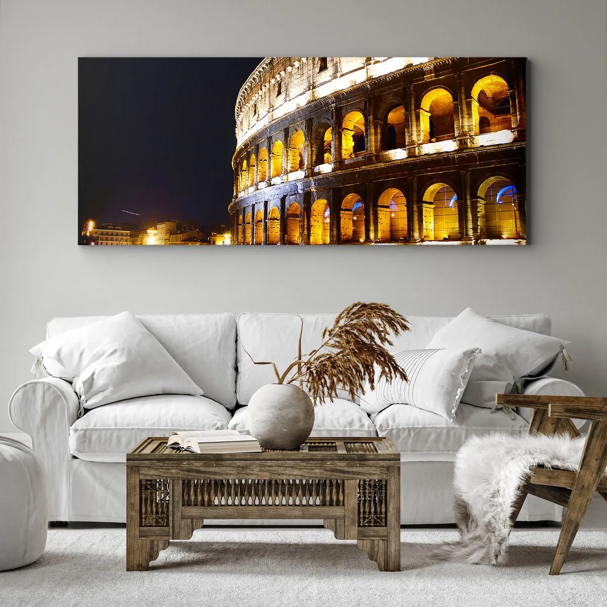 Impression sur toile - Image sur toile - Le Colisée illuminé par les lumières la nuit à Rome - 140x50cm - Il est temps de commencer les Jeux - Décoration murale moderne pour le salon et la chambre ARTTOR