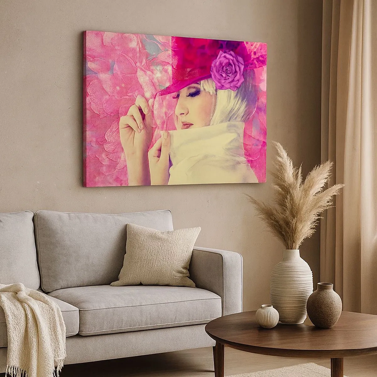 Impression sur toile - Image sur toile - Femme élégante avec un chapeau rose avec une fleur - 70x50cm - Portrait rétro dans une brume rose - Décoration murale moderne pour le salon et la chambre ARTTOR