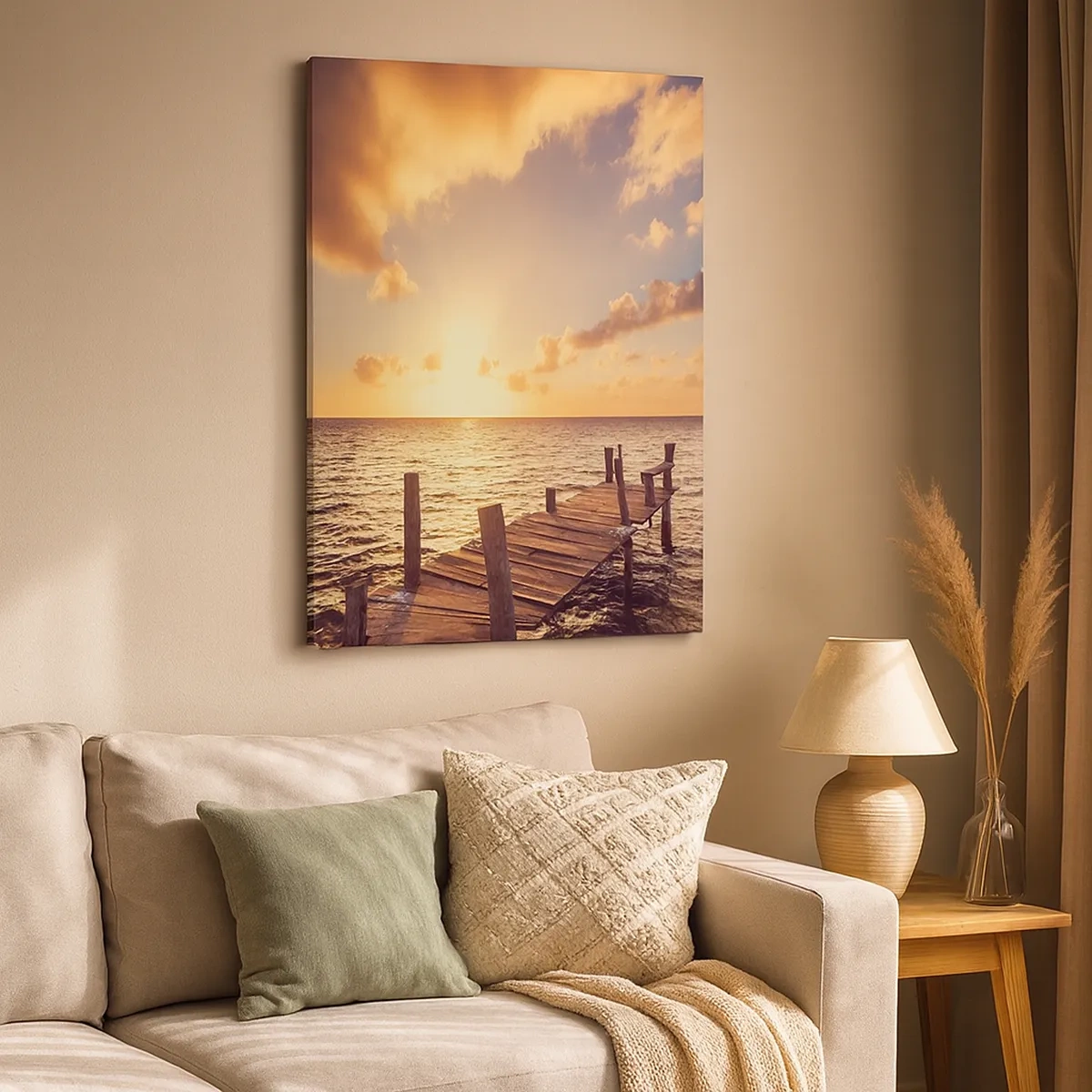 Impression sur toile - Image sur toile - Une jetée en bois menant vers le coucher du soleil - 50x70cm - La terre d'or de la douceur - Décoration murale moderne pour le salon et la chambre ARTTOR