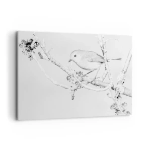 Impression sur toile - Image sur toile - Oiseau sur une branche en noir et blanc avec un style minimaliste - 120x80cm - Matin d'hiver - Décoration murale moderne pour le salon et la chambre ARTTOR