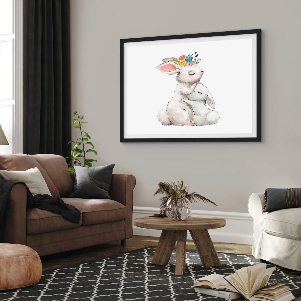 Affiche dans un cadre noir - Poster - Des lapins mignons aux couleurs pastel - 70x50cm - Maman irremplaçable - Décoration murale moderne pour le salon et la chambre ARTTOR