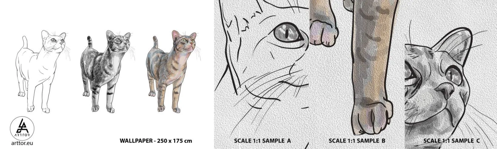 Échantillon de Papier Peint Premium Sand - Leçon de dessin - Animaux, Chat, Pour les enfants - 100x30 cm