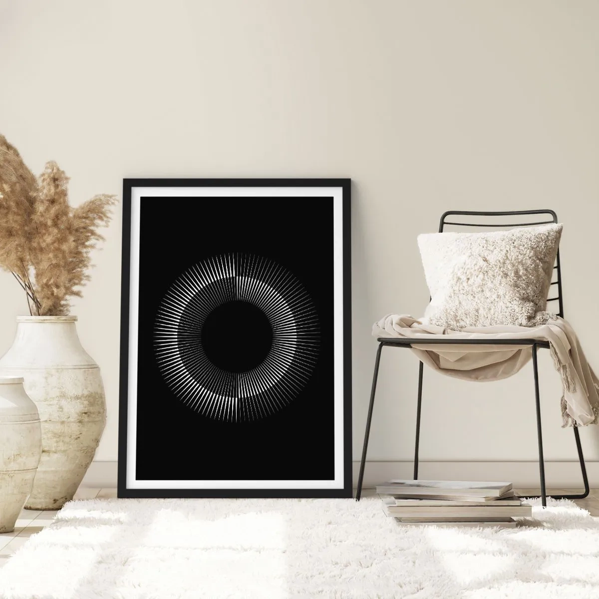 Affiche dans un cadre noir - Poster - Une composition fascinante d'un cercle lumineux sur fond noir. - 50x70cm - Soleil noir - Décoration murale moderne pour le salon et la chambre ARTTOR
