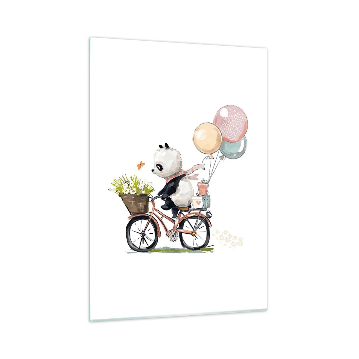 Impression sur verre - Image sur verre - Un panda faisant du vélo avec des ballons et un panier de fleurs. - 50x70cm - Jour de chance - Décoration murale moderne pour le salon et la chambre ARTTOR