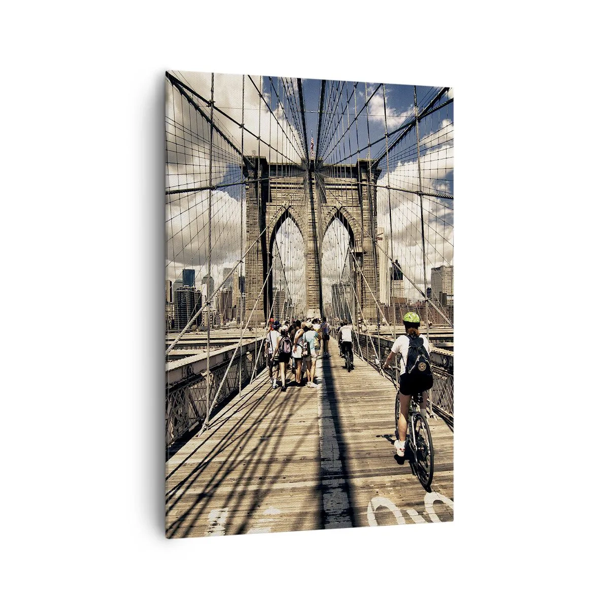 Impression sur toile - Image sur toile - Pont de Brooklyn avec vue sur les piétons et les cyclistes - 70x100cm - Directement en plein coeur de la ville - Décoration murale moderne pour le salon et la chambre ARTTOR