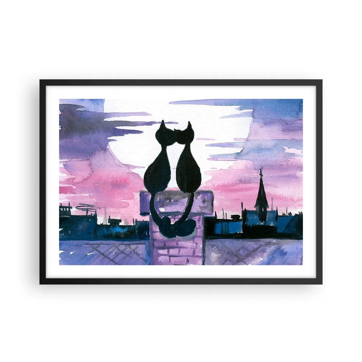 Affiche dans un cadre noir - Poster - Chats noirs sur un toit au clair de lune dans un décor aquarelle - 70x50cm - Rendez-vous sous la lune - Décoration murale moderne pour le salon et la chambre ARTTOR